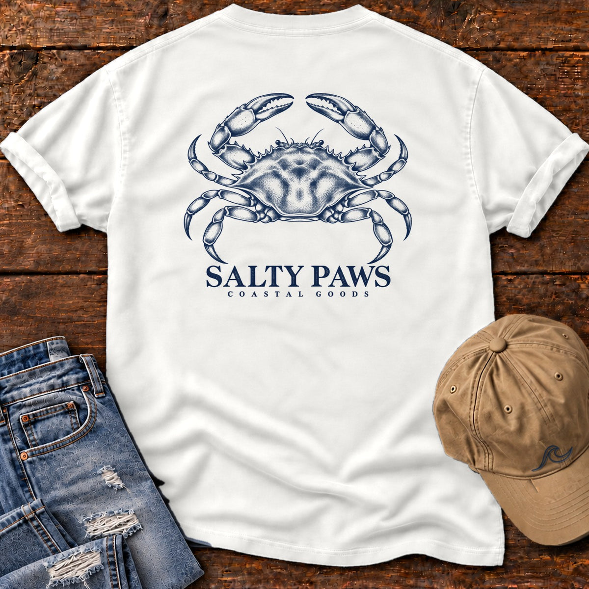 Blue Crab Coastal Goods Back Design T-Shirt in White, Salty Paws Comfort Colors T-Shirt, back design flat lay