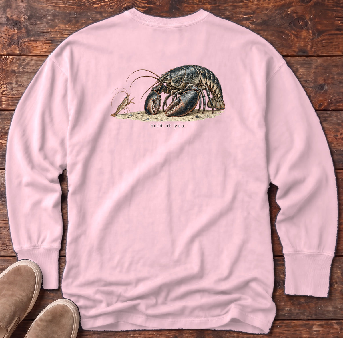 Bold of You Lobster Back Design Long Sleeve Tee Comfort Colors in Blossom, Salty Paws Comfort Colors Long Sleeve Tee, back design flat lay