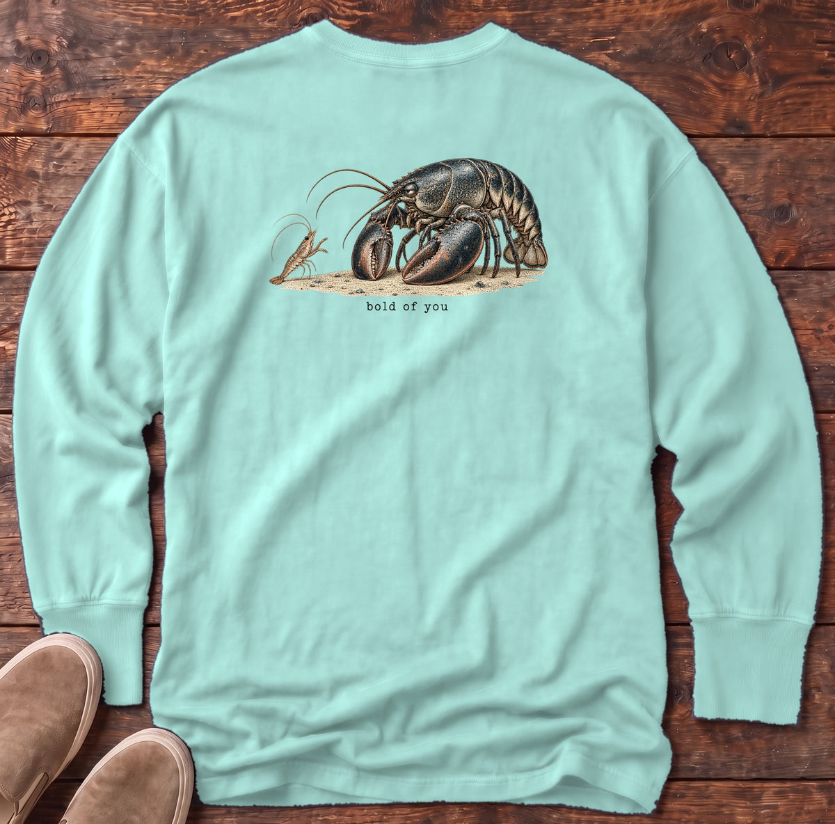 Bold of You Lobster Back Design Long Sleeve Tee Comfort Colors in Chalky Mint, Salty Paws Comfort Colors Long Sleeve Tee, back design flat lay