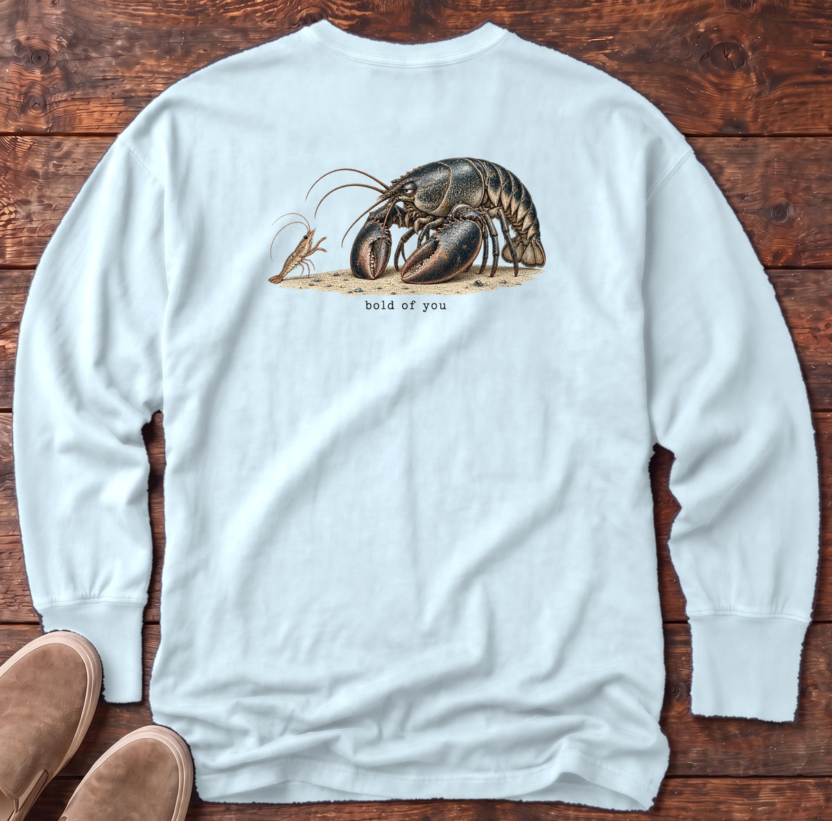 Bold of You Lobster Back Design Long Sleeve Tee Comfort Colors in Chambray, Salty Paws Comfort Colors Long Sleeve Tee, back design flat lay