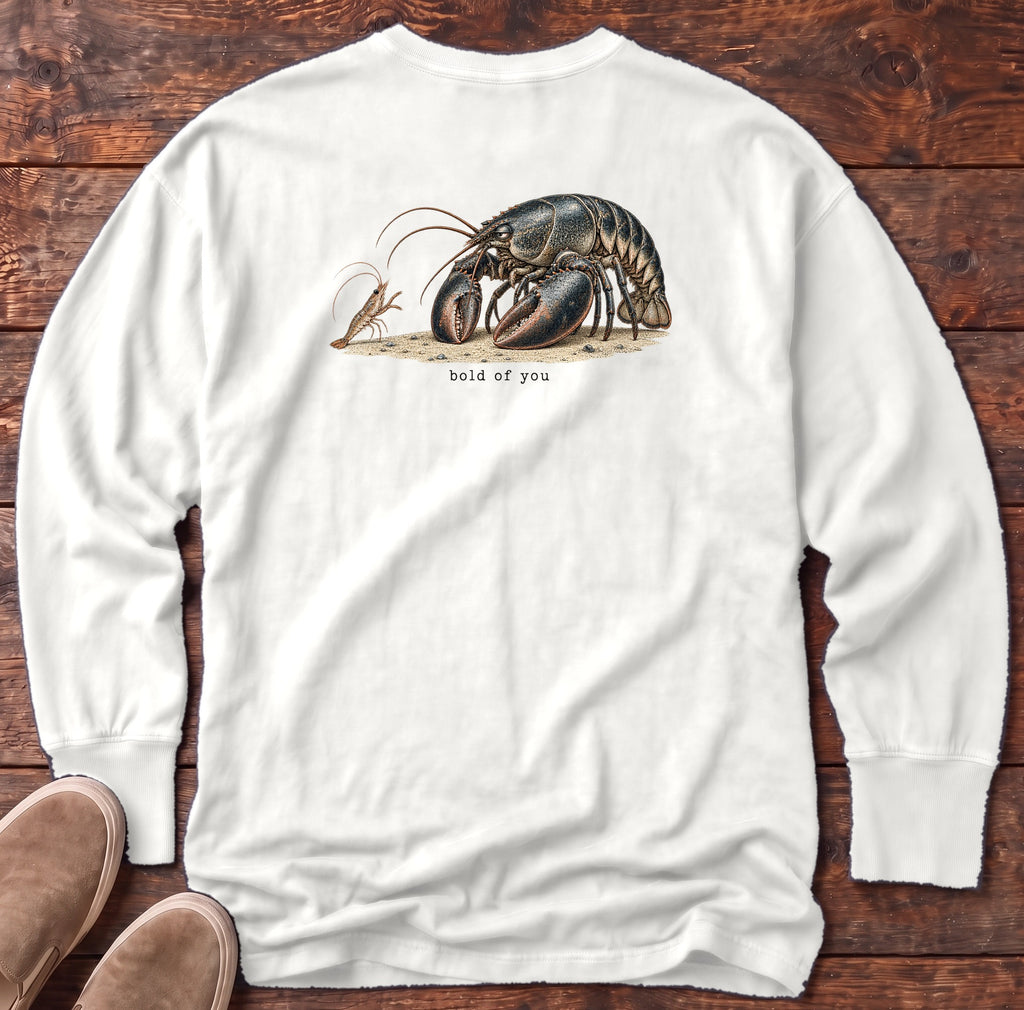 Bold of You Lobster Back Design Long Sleeve Tee Comfort Colors in White, Salty Paws Comfort Colors Long Sleeve Tee, back design flat lay