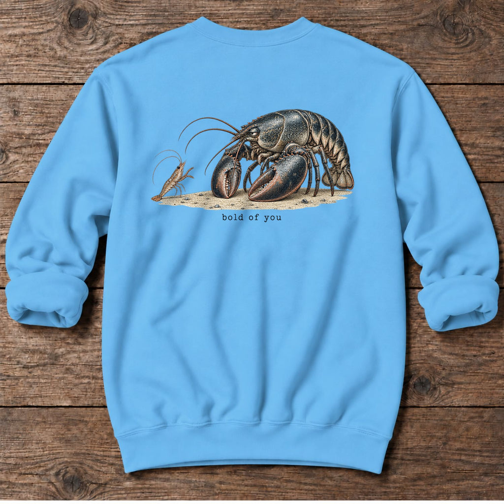 Bold of You Lobster Back Design Midweight Sweatshirt in Sky, Salty Paws Midweight Sweatshirt, back design flat lay
