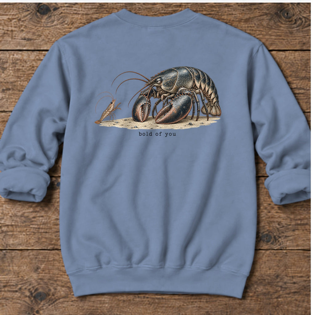 Bold of You Lobster Back Design Midweight Sweatshirt in Stone Blue, Salty Paws Midweight Sweatshirt, back design flat lay