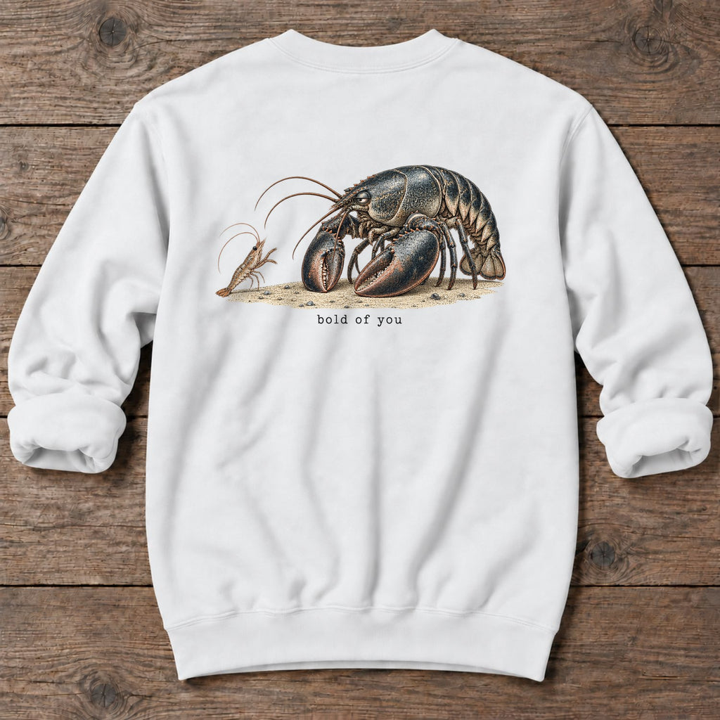Bold of You Lobster Back Design Midweight Sweatshirt in White, Salty Paws Midweight Sweatshirt, back design flat lay