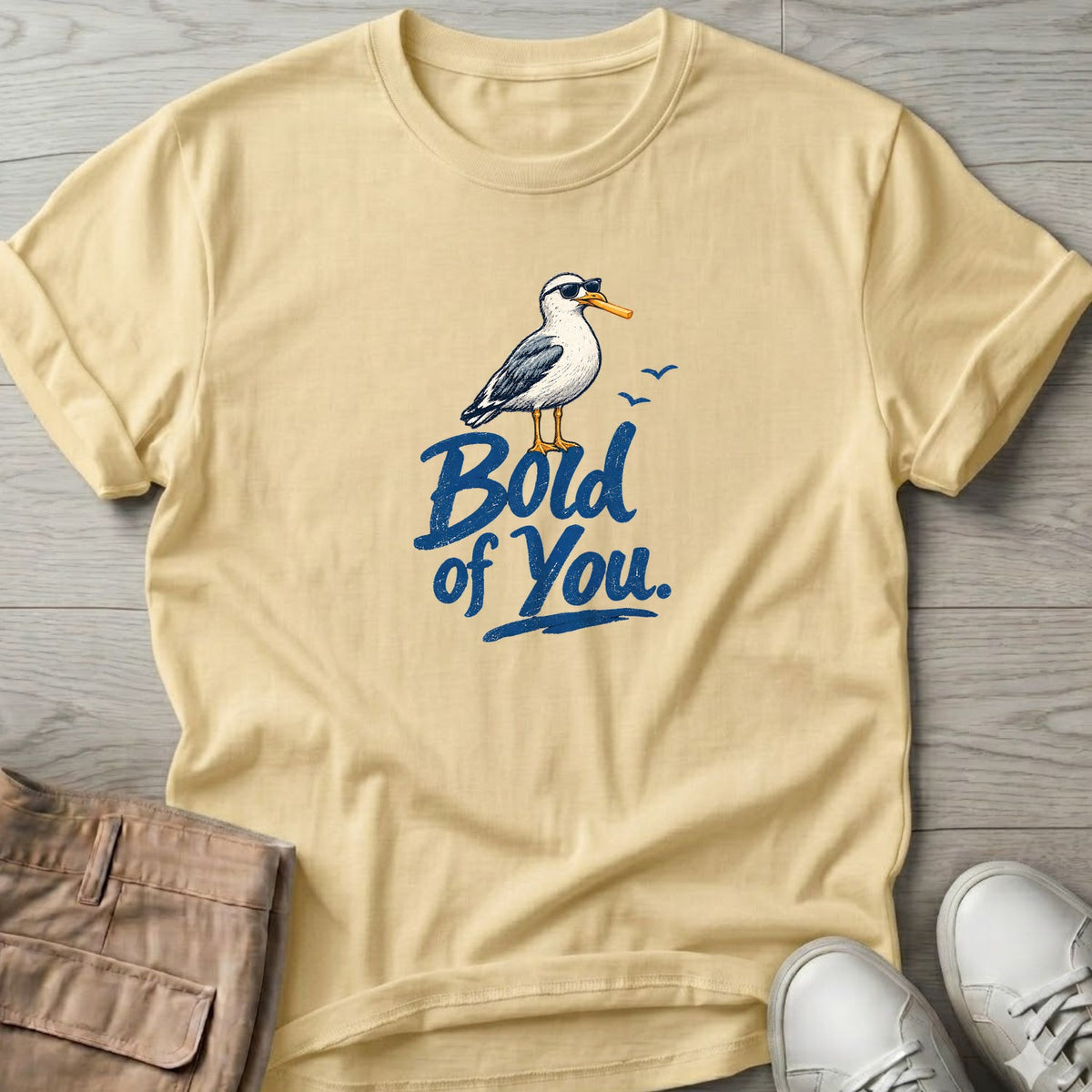 Bold of You Seagull T-Shirt in Cornsilk, Salty Paws coastal t-shirt