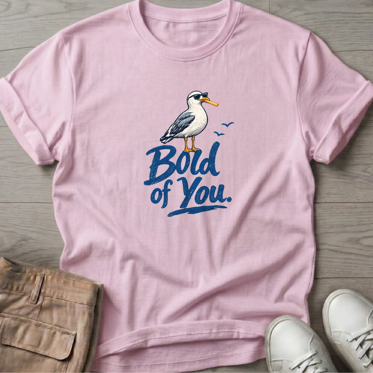 Bold of You Seagull T-Shirt in Light Pink, Salty Paws coastal t-shirt