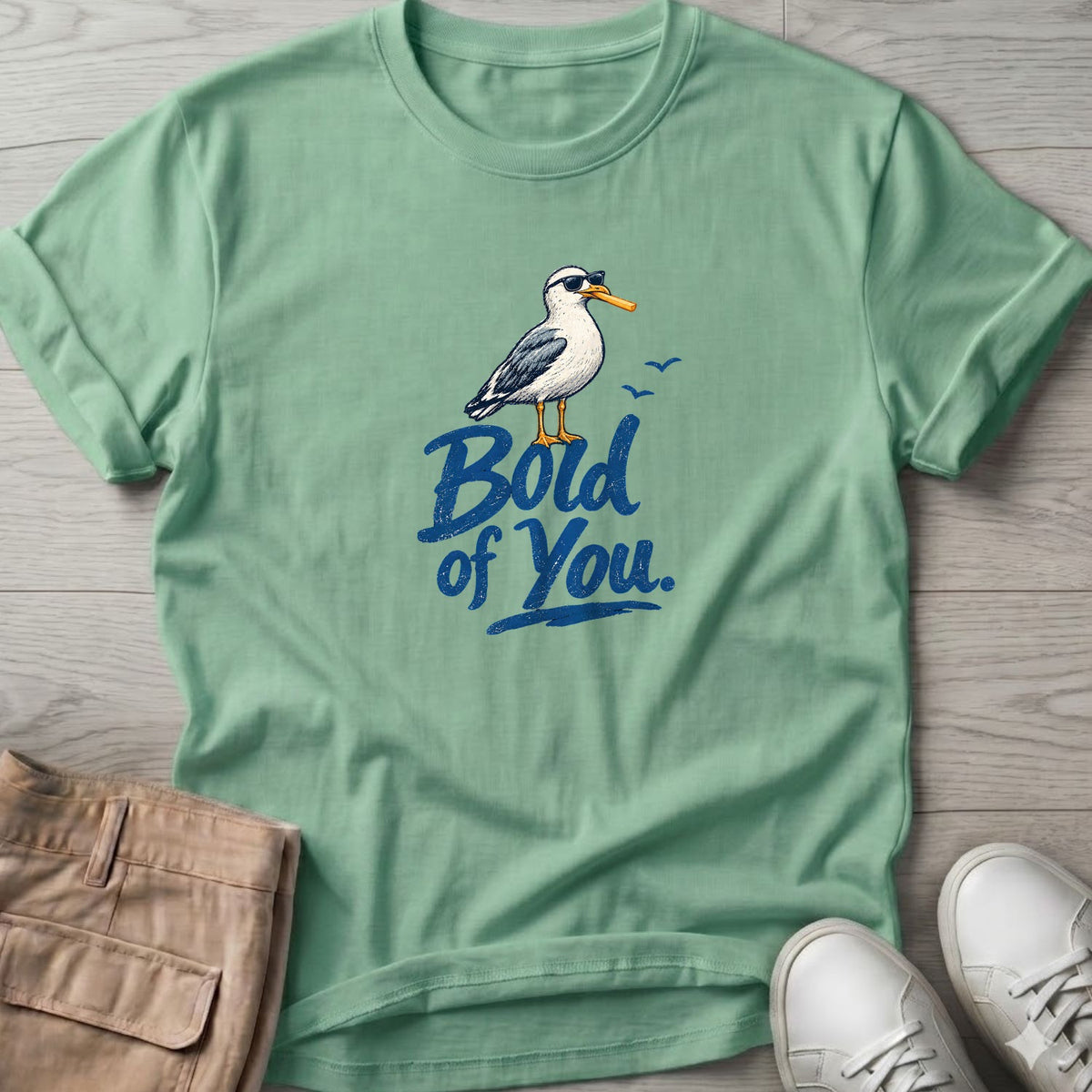 Bold of You Seagull T-Shirt in Mint Green, Salty Paws coastal t-shirt