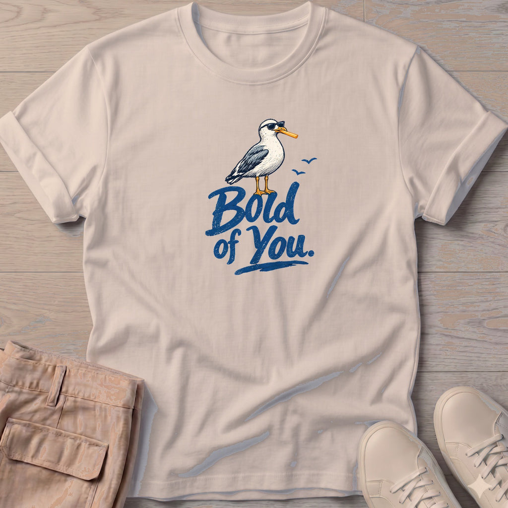 Bold of You Seagull T-Shirt in Sand, Salty Paws coastal t-shirt