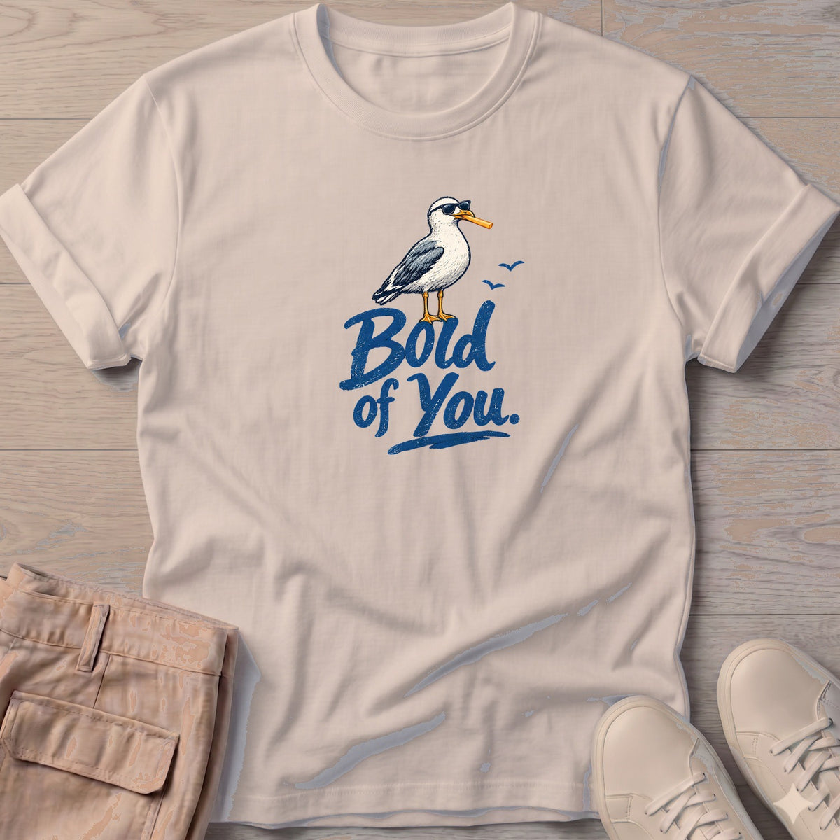 Bold of You Seagull T-Shirt in Sand, Salty Paws coastal t-shirt
