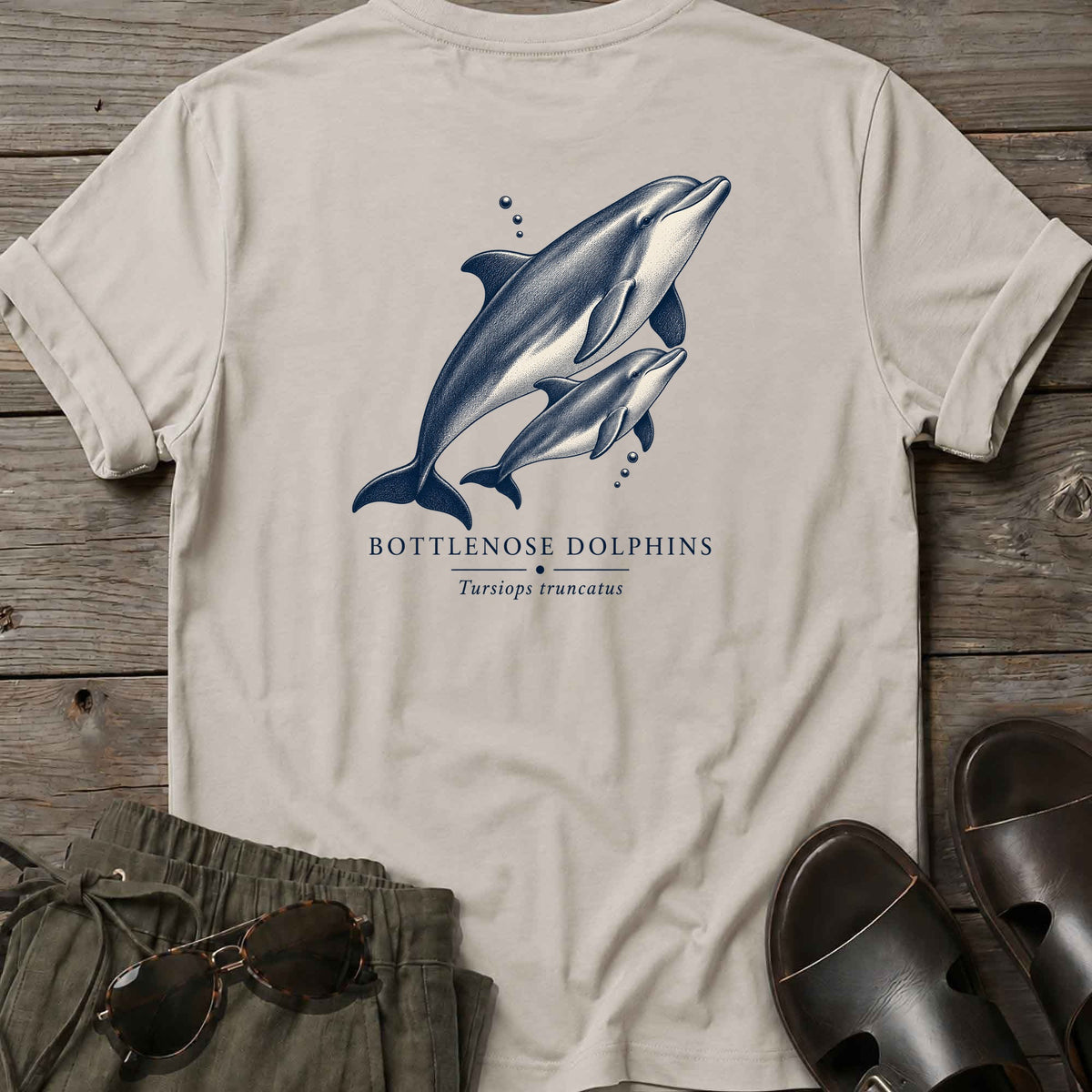 Bottlenose Dolphins Back Design T-Shirt in Ice Grey, Salty Paws coastal t-shirt