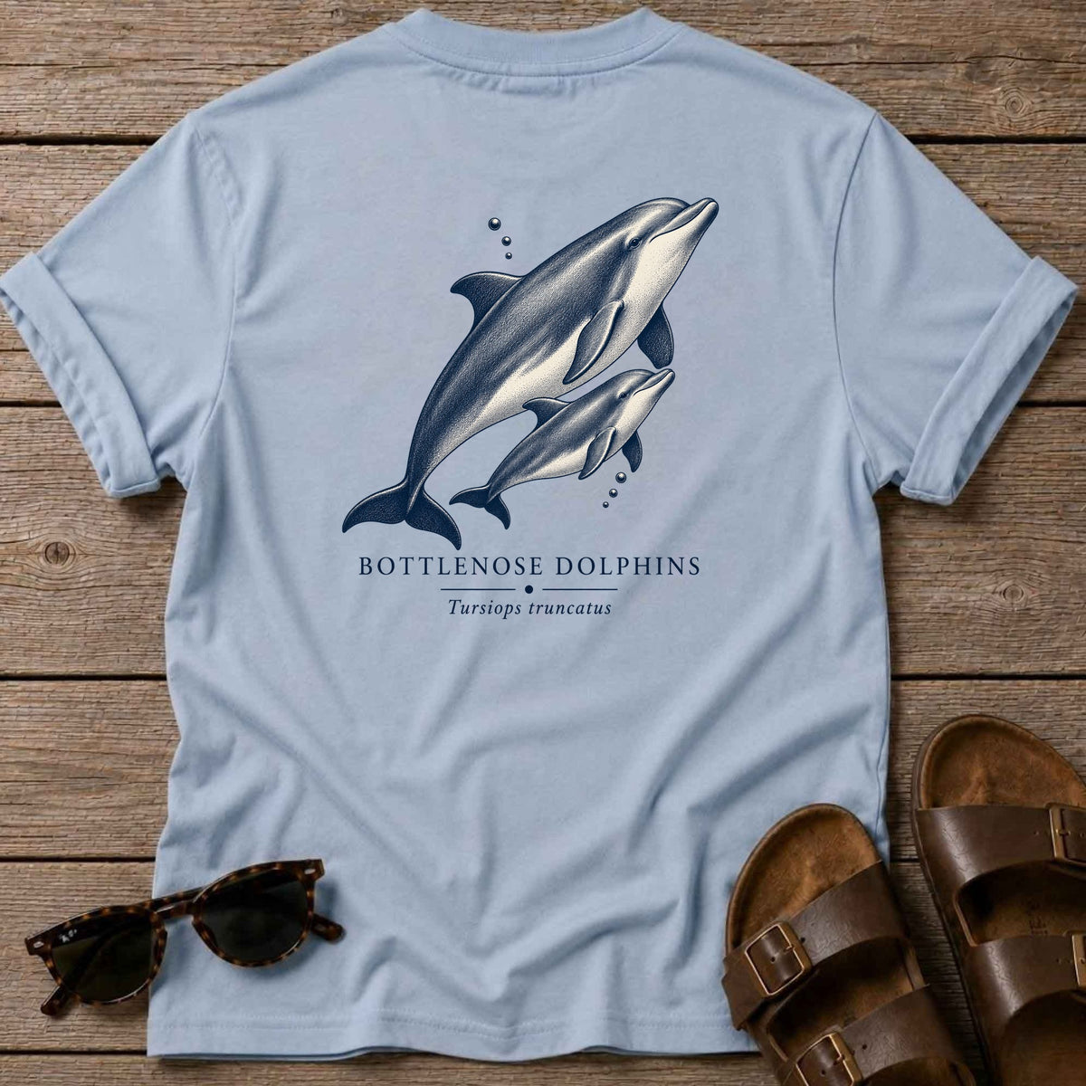 Bottlenose Dolphins Back Design T-Shirt in Light Blue, Salty Paws coastal t-shirt