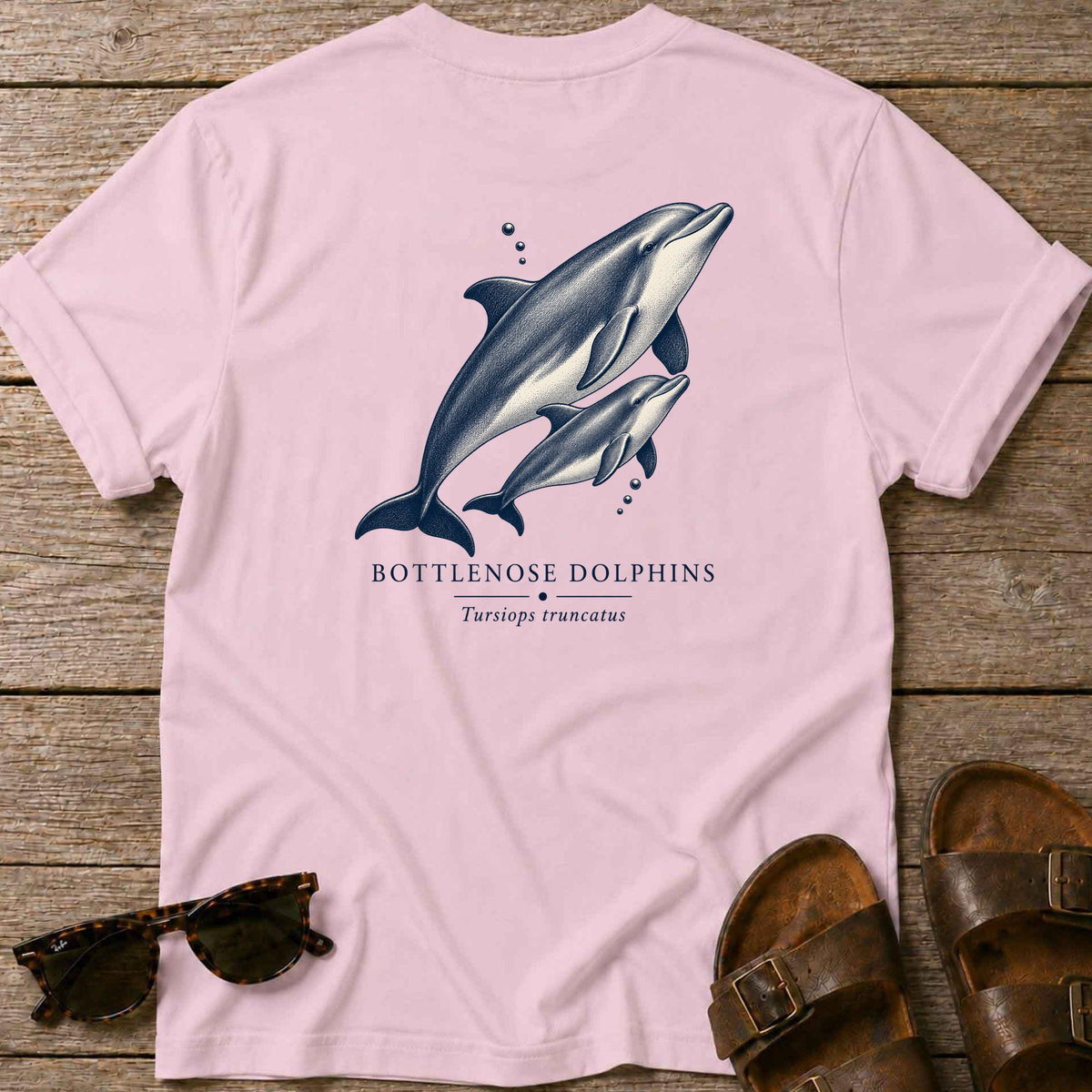 Bottlenose Dolphins Back Design T-Shirt in Light Pink, Salty Paws coastal t-shirt