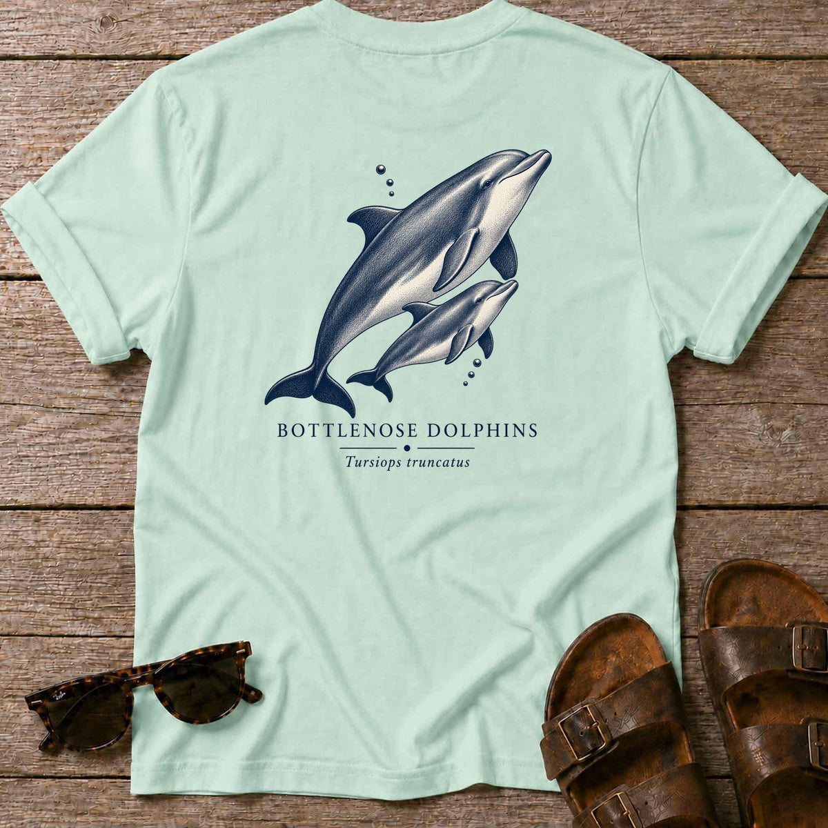 Bottlenose Dolphins Back Design T-Shirt in Mint Green, Salty Paws coastal t-shirt