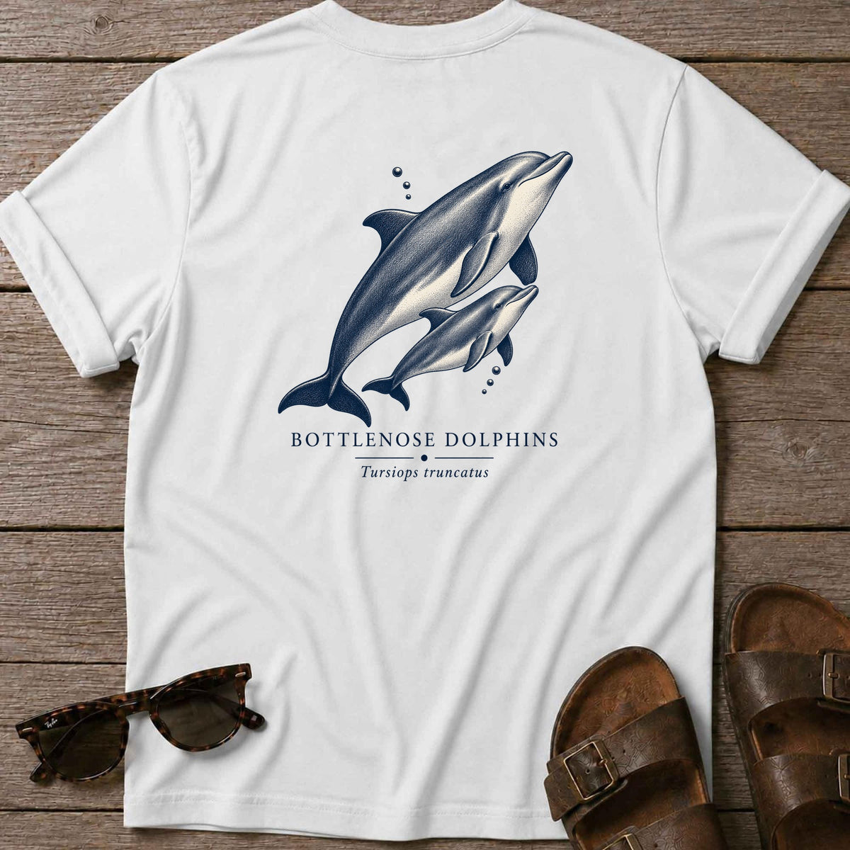 Bottlenose Dolphins Back Design T-Shirt in White, Salty Paws coastal t-shirt