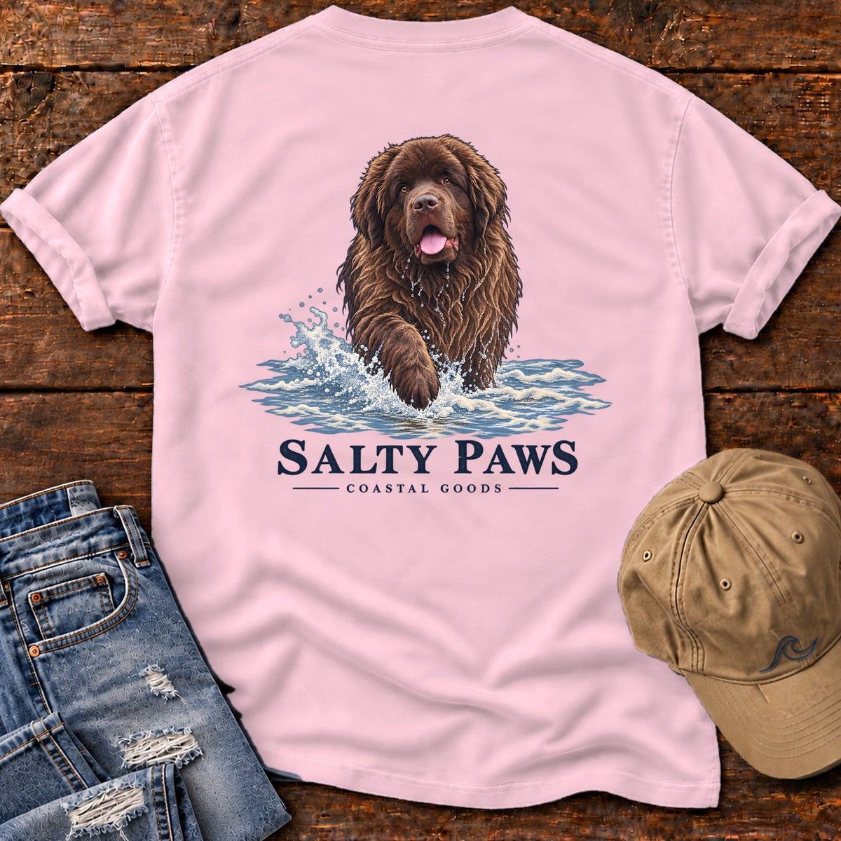 Brown Newfoundland Surf Back Design T-Shirt in Blossom, Salty Paws Comfort Colors T-Shirt, back design flat lay