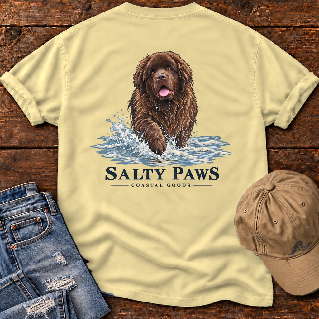 Brown Newfoundland Surf Back Design T-Shirt in Butter, Salty Paws Comfort Colors T-Shirt, back design flat lay