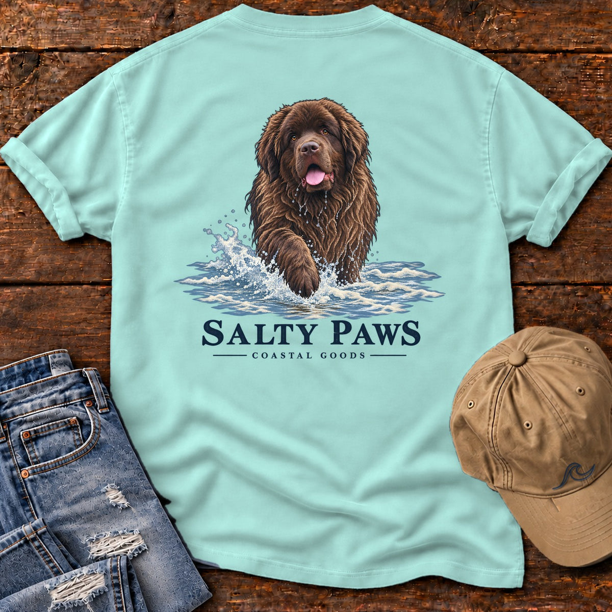Brown Newfoundland Surf Back Design T-Shirt in Chalky Mint, Salty Paws Comfort Colors T-Shirt, back design flat lay