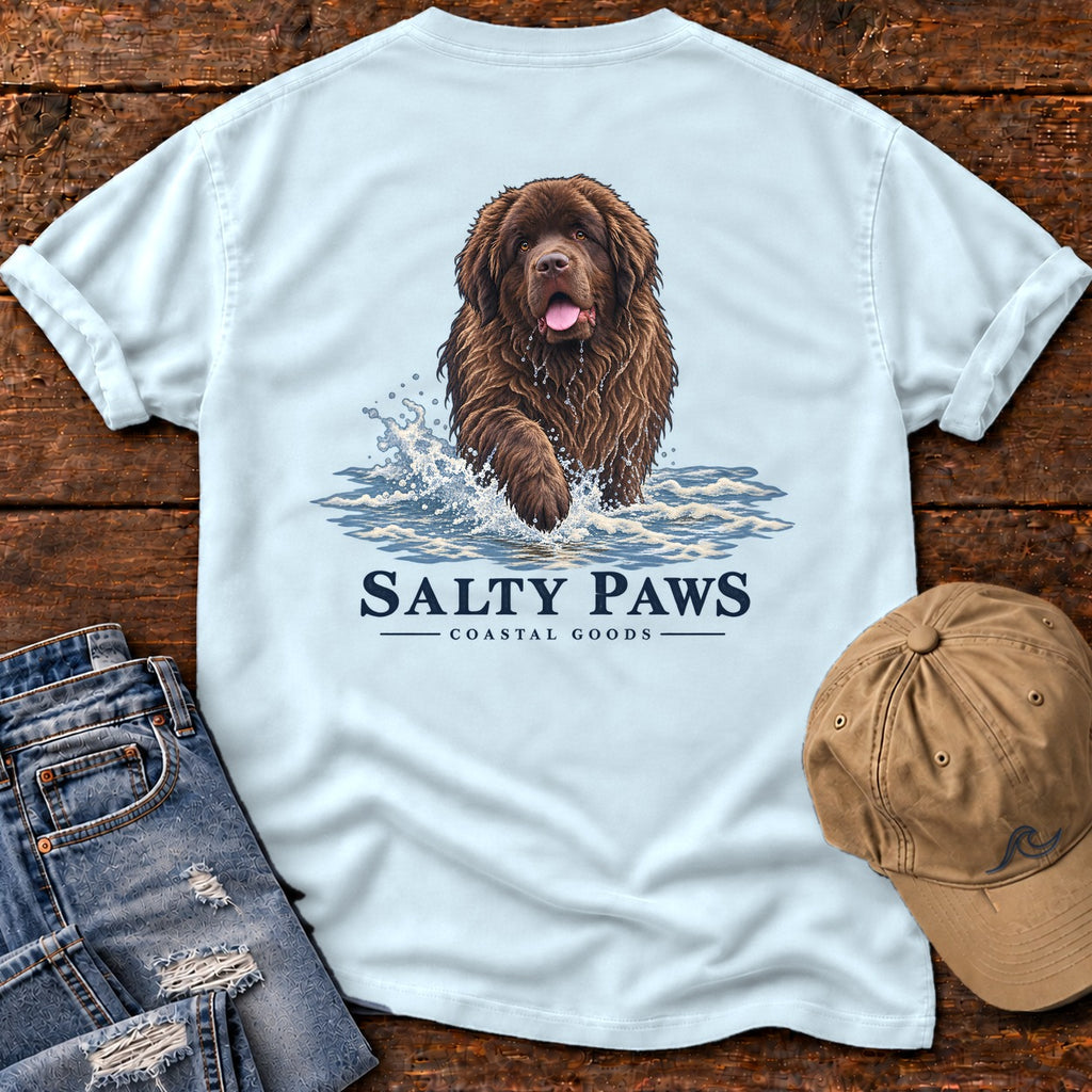 Brown Newfoundland Surf Back Design T-Shirt in Chambray, Salty Paws Comfort Colors T-Shirt, back design flat lay
