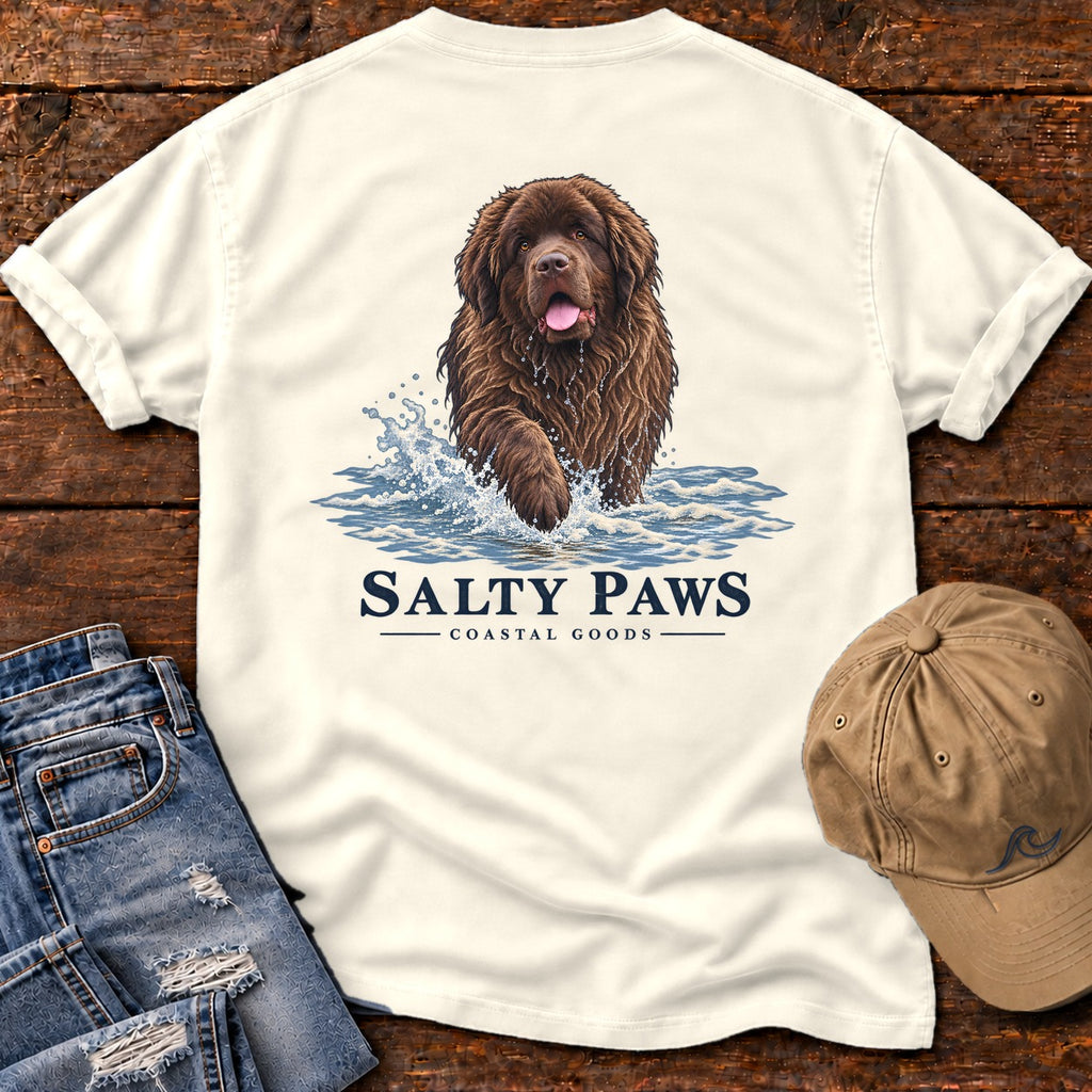 Brown Newfoundland Surf Back Design T-Shirt in Ivory, Salty Paws Comfort Colors T-Shirt, back design flat lay