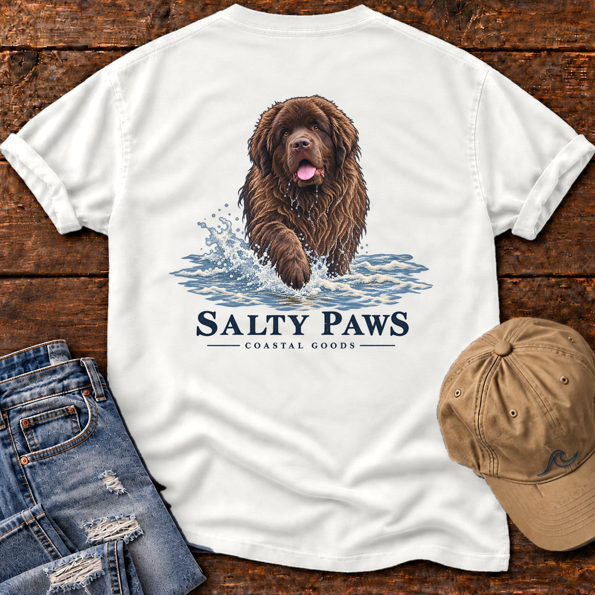 Brown Newfoundland Surf Back Design T-Shirt in White, Salty Paws Comfort Colors T-Shirt, back design flat lay