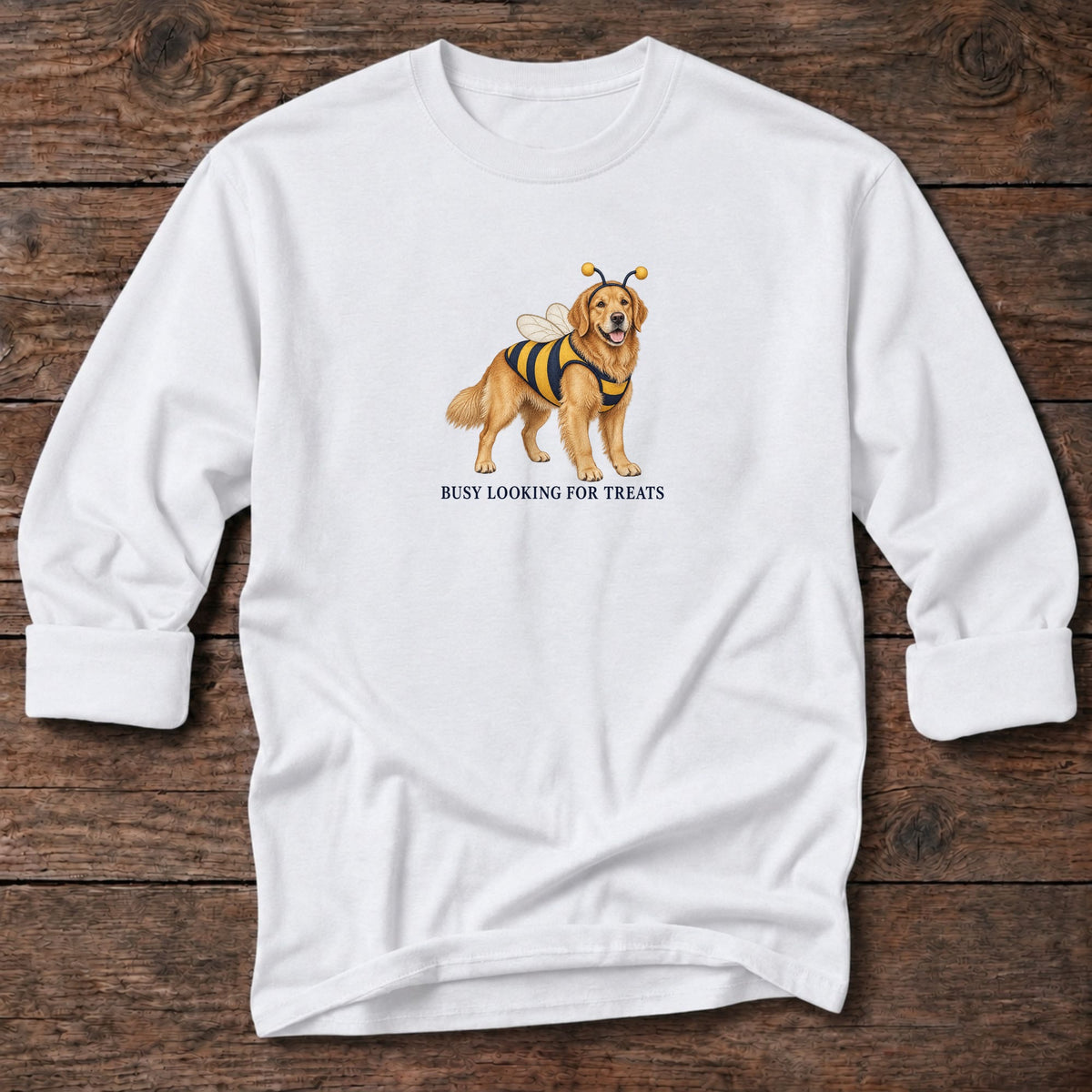 Busy Looking for Treats Golden Long T-Shirt in White, Salty Paws coastal long sleeve tee