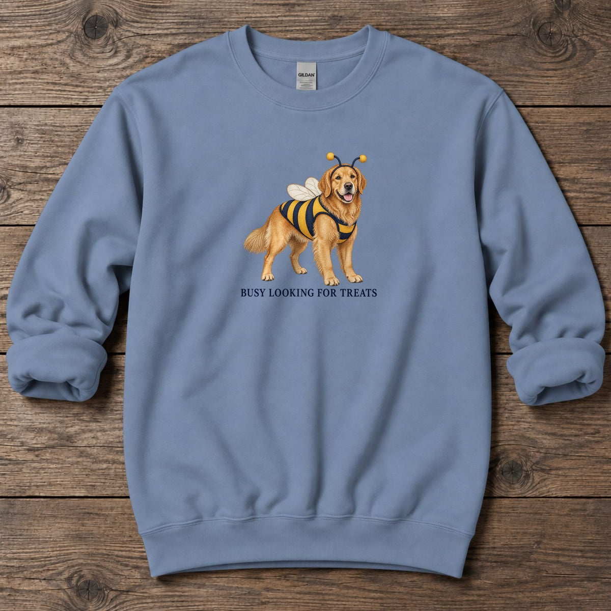Busy Looking for Treats Golden Midweight Sweatshirt in Stone Blue, Salty Paws coastal sweatshirt