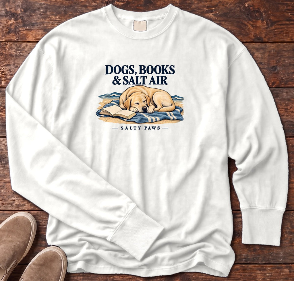 Dogs, Books & Salt Air Yellow Lab Long Sleeve Tee in White, Salty Paws Comfort Colors Long Sleeve Tee, front design flat lay