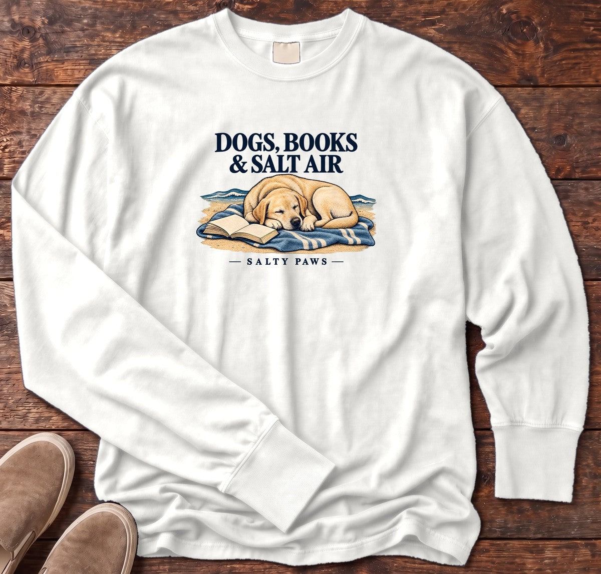 Dogs, Books & Salt Air Yellow Lab Long Sleeve Tee in White, Salty Paws Comfort Colors Long Sleeve Tee, front design flat lay