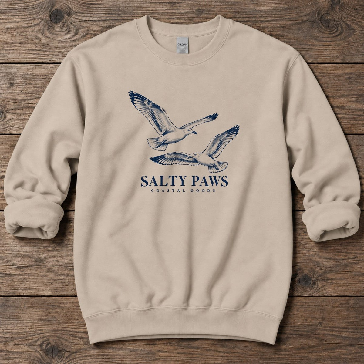 Gull Flight Coastal Goods Midweight Sweatshirt in Sand, Salty Paws Midweight Sweatshirt, front design flat lay