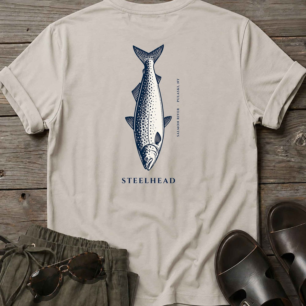 Steelhead Salmon River back design tee in Ice Grey