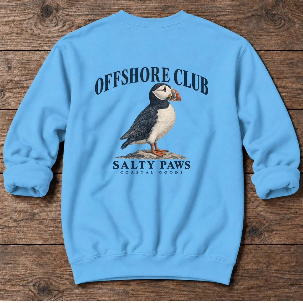 Offshore Club Puffin Salty Paws Coastal Goods Back Design Midweight Sweatshirt in Sky, Salty Paws Midweight Sweatshirt, back design flat lay