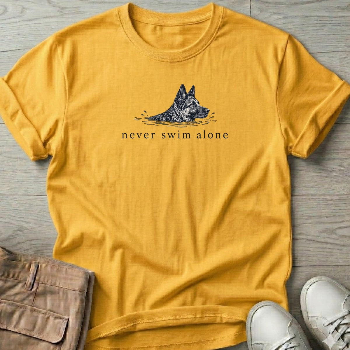 Never Swim Alone German Shepherd T-Shirt in Daisy, Salty Paws coastal t-shirt