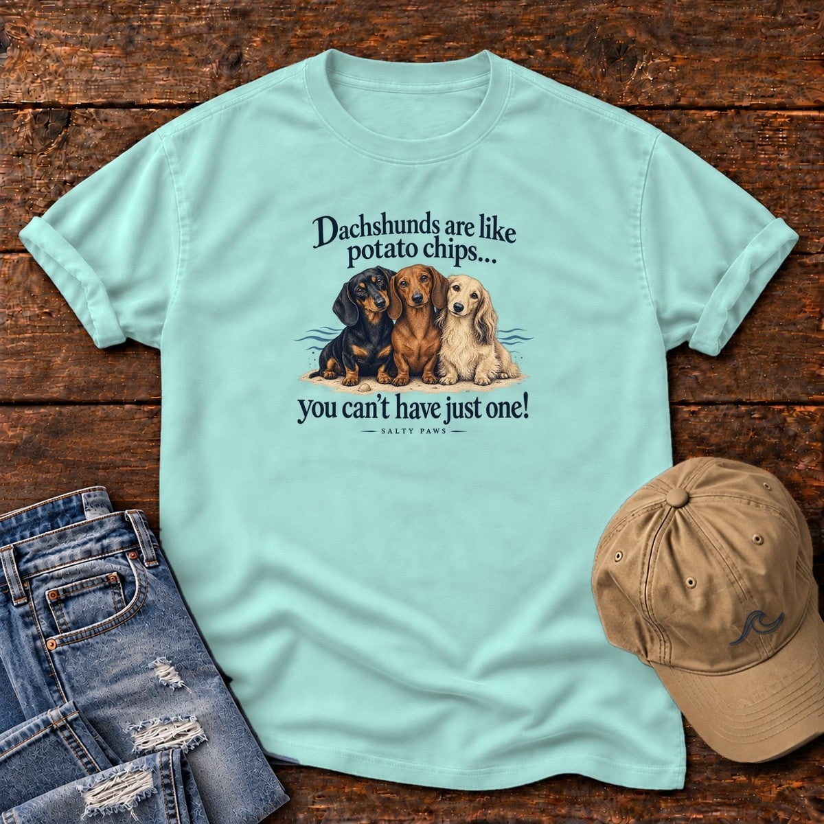 Dachshunds Are Like Potato Chips T-Shirt in Chalky Mint, Salty Paws Comfort Colors T-Shirt, front design flat lay