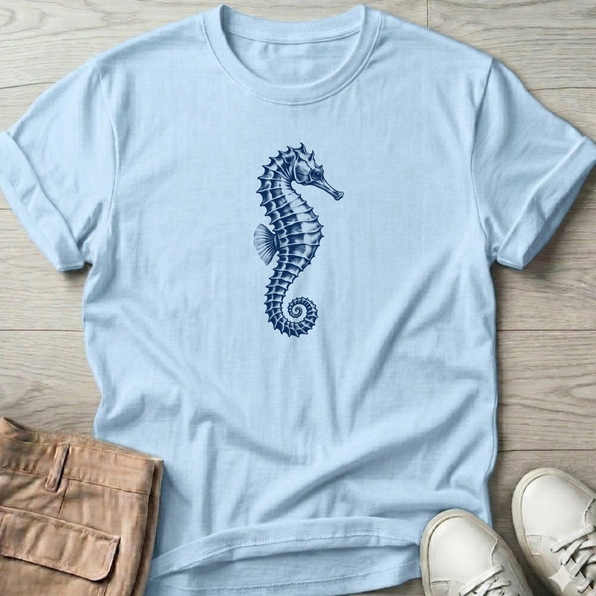 Navy Seahorse T-Shirt in Light Blue, Salty Paws T-Shirt, front design flat lay