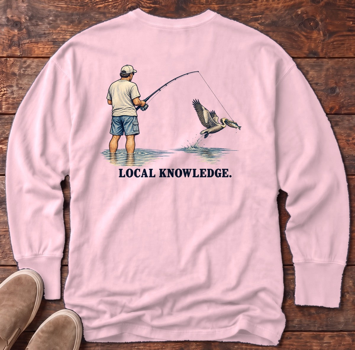 Local Knowledge Pelican Back Design Long Sleeve Tee in Blossom, Salty Paws Comfort Colors Long Sleeve Tee, back design flat lay
