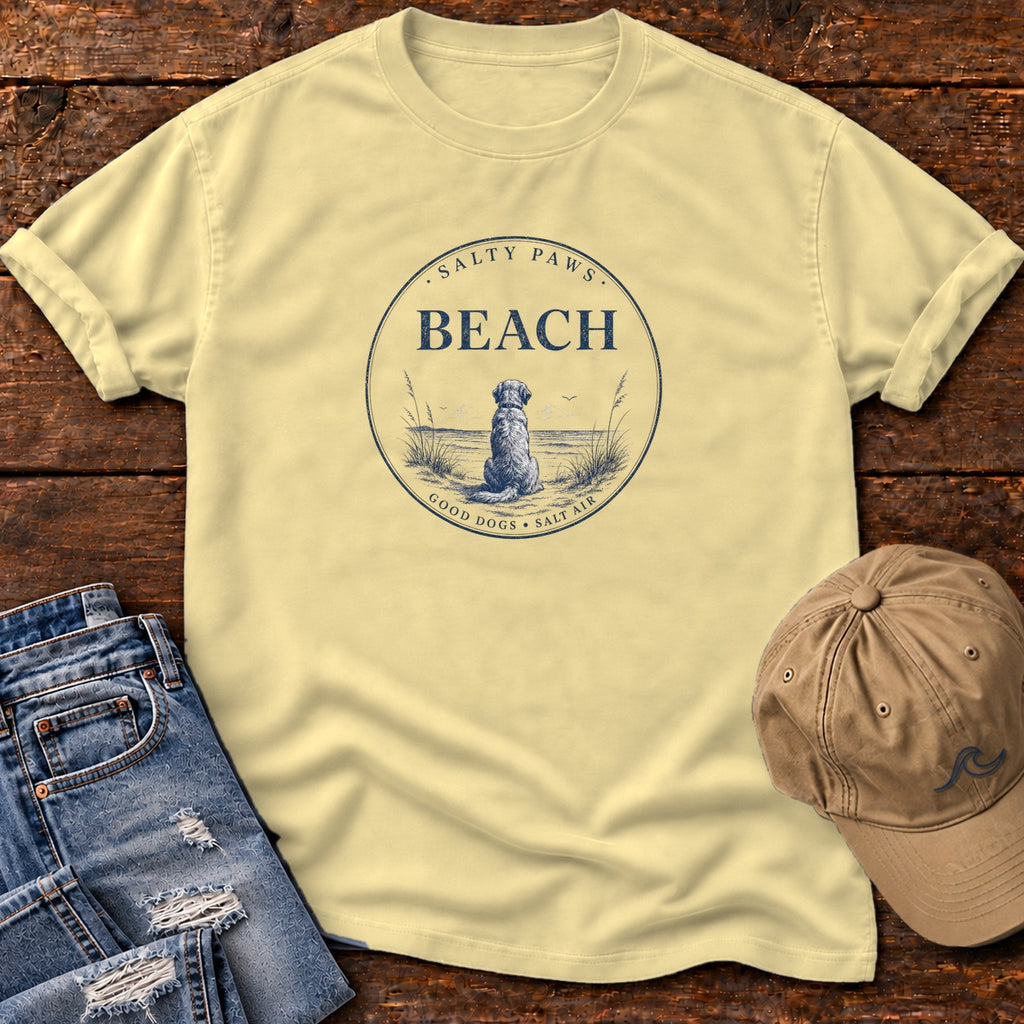 Beach Good Dogs Salt Air Comfort Colors T-Shirt in Butter, front design flat lay