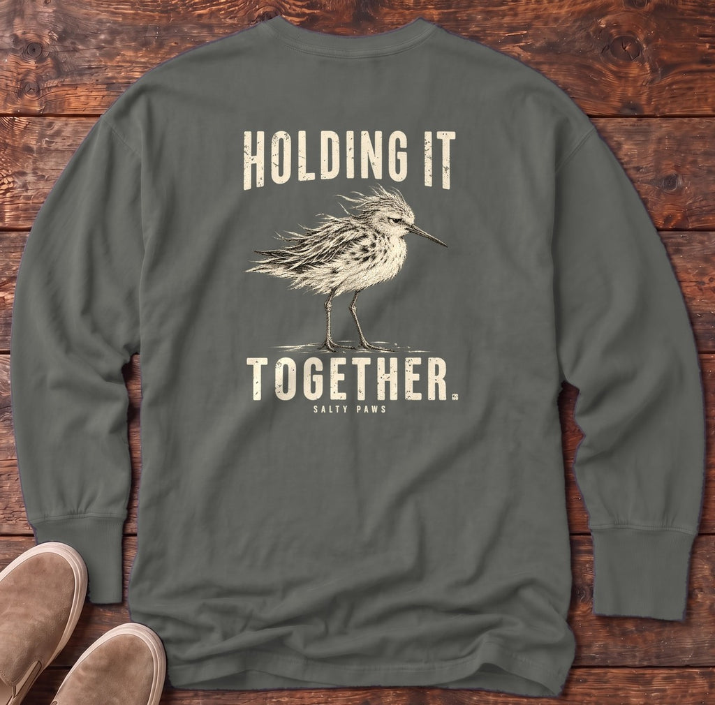 Holding It Together Sandpiper Back Design Long Sleeve Tee in Pepper, Salty Paws Comfort Colors Long Sleeve Tee, back design flat lay