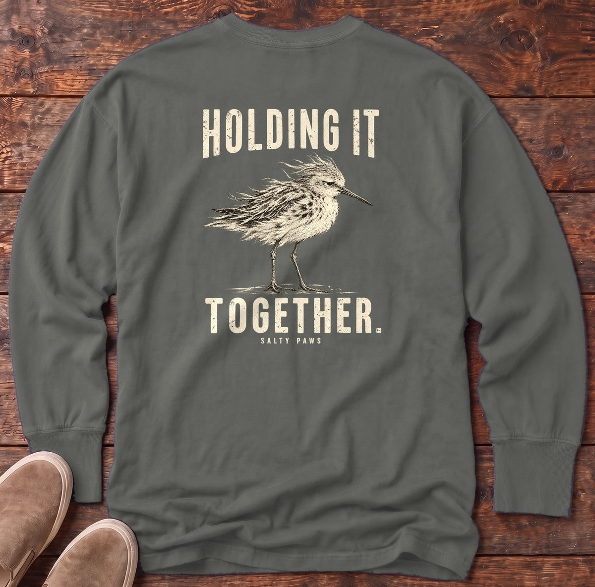 Holding It Together Sandpiper Back Design Long Sleeve Tee in Pepper, Salty Paws Comfort Colors Long Sleeve Tee, back design flat lay