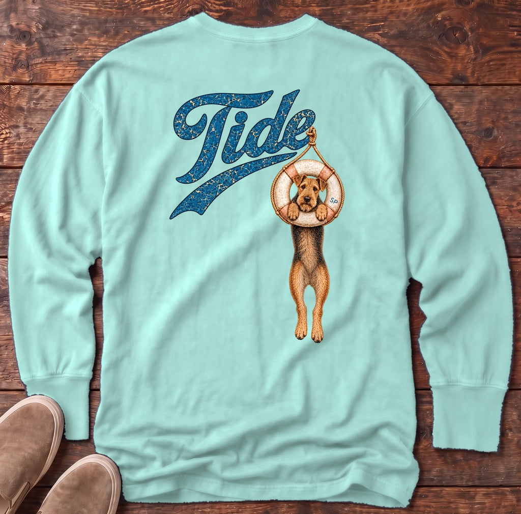 Tide Airedale Back Design Long Sleeve Tee in Chalky Mint, Salty Paws Comfort Colors long sleeve tee