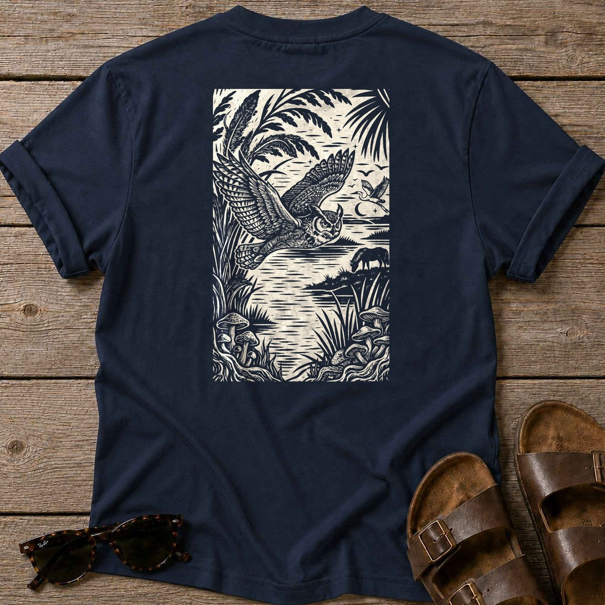 Owl Woodcut Back Design T-Shirt in Navy, Salty Paws coastal t-shirt