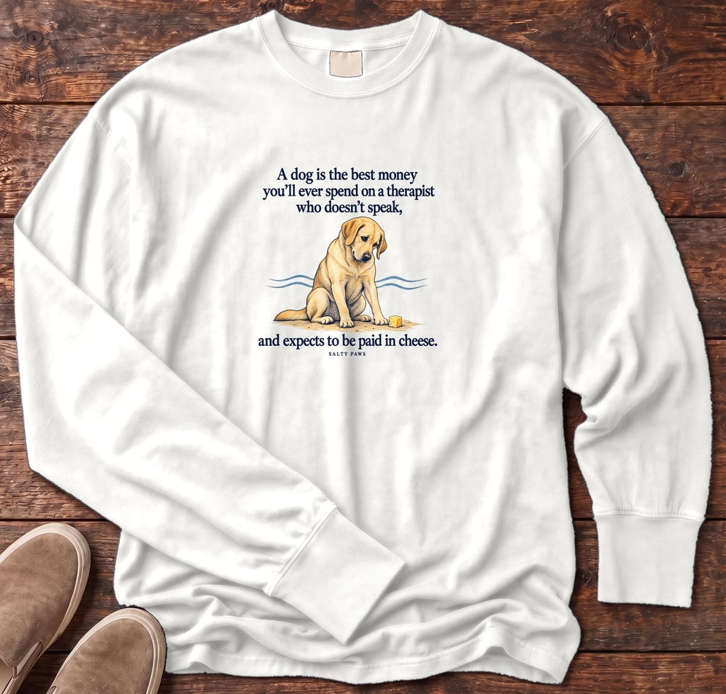 Paid in Cheese Yellow Lab Long Sleeve Tee in White, Salty Paws Comfort Colors Long Sleeve Tee, front design flat lay