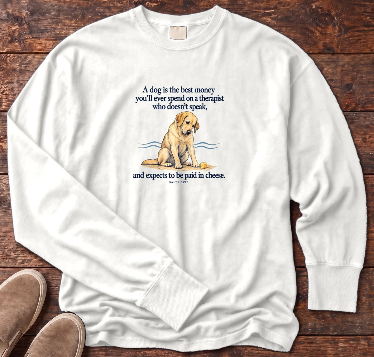Paid in Cheese Yellow Lab Long Sleeve Tee in White, Salty Paws Comfort Colors Long Sleeve Tee, front design flat lay