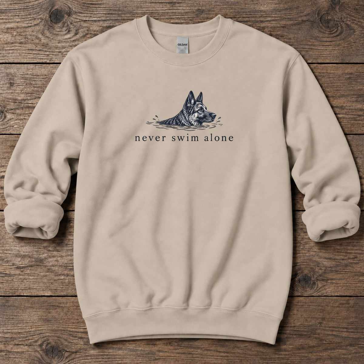 Never Swim Alone German Shepherd Midweight Sweatshirt in Sand, Salty Paws coastal sweatshirt