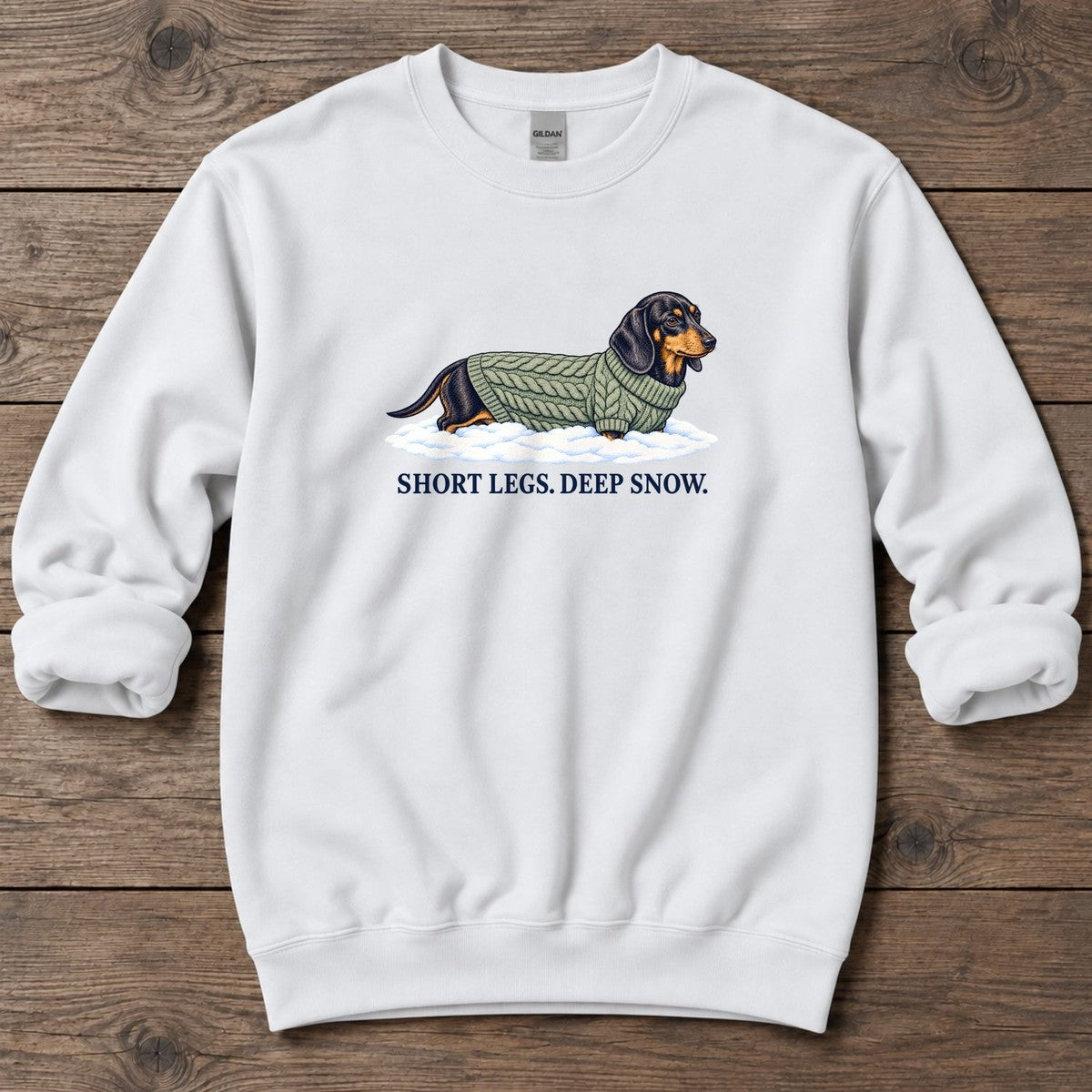 Short Legs Deep Snow Dachshund Midweight Sweatshirt in White, Salty Paws Midweight Sweatshirt, front design flat lay