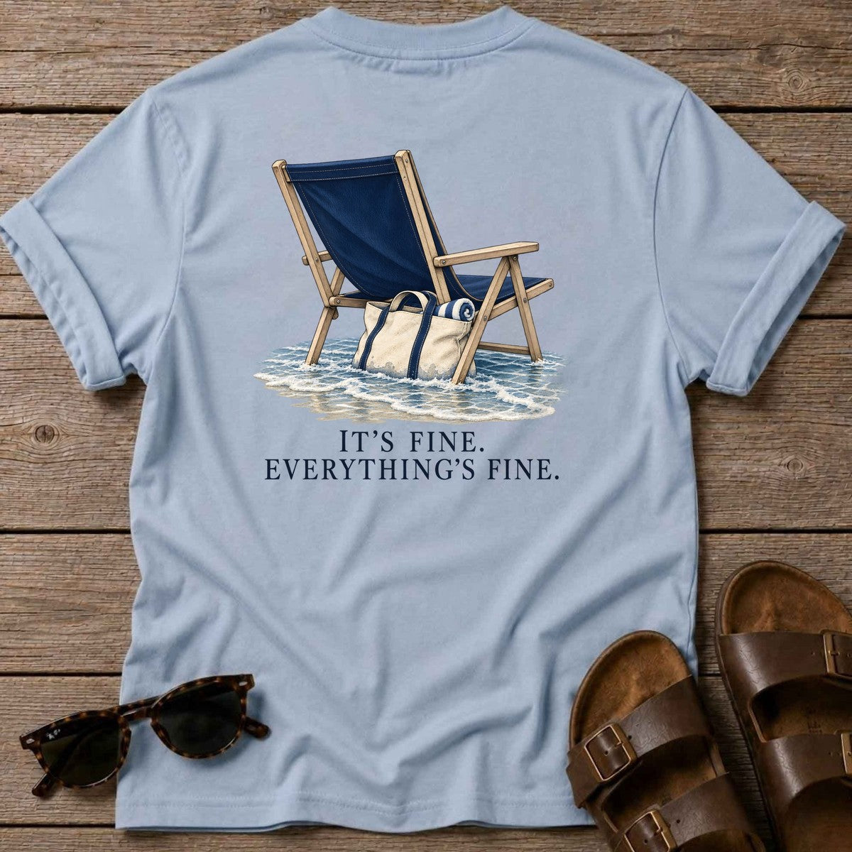 Everything's Fine Beach Chair Back Design T-Shirt in Light Blue, Salty Paws T-Shirt, back design flat lay
