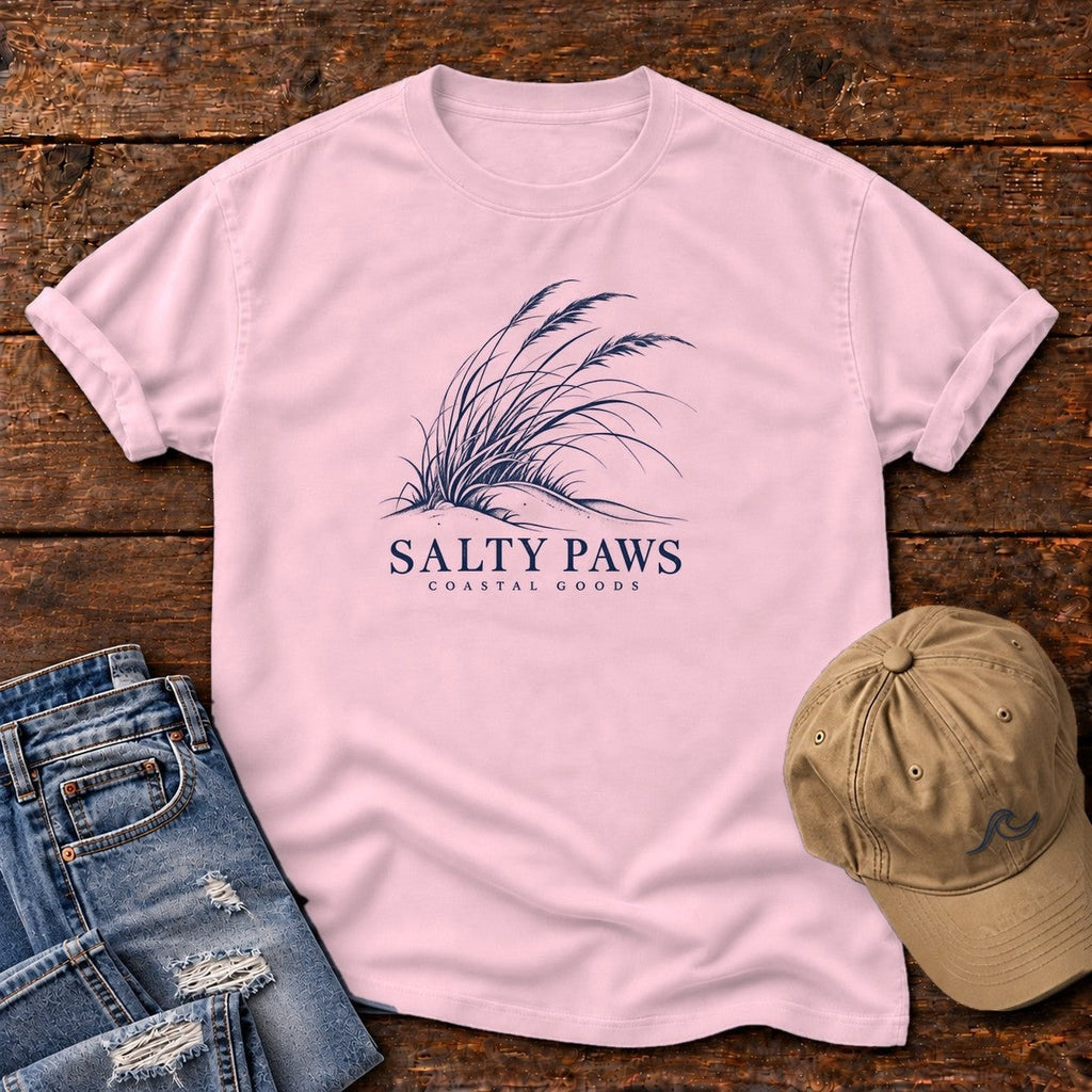 Salty Paws Dune Grass T-Shirt in Blossom, Salty Paws Comfort Colors T-Shirt, front design flat lay