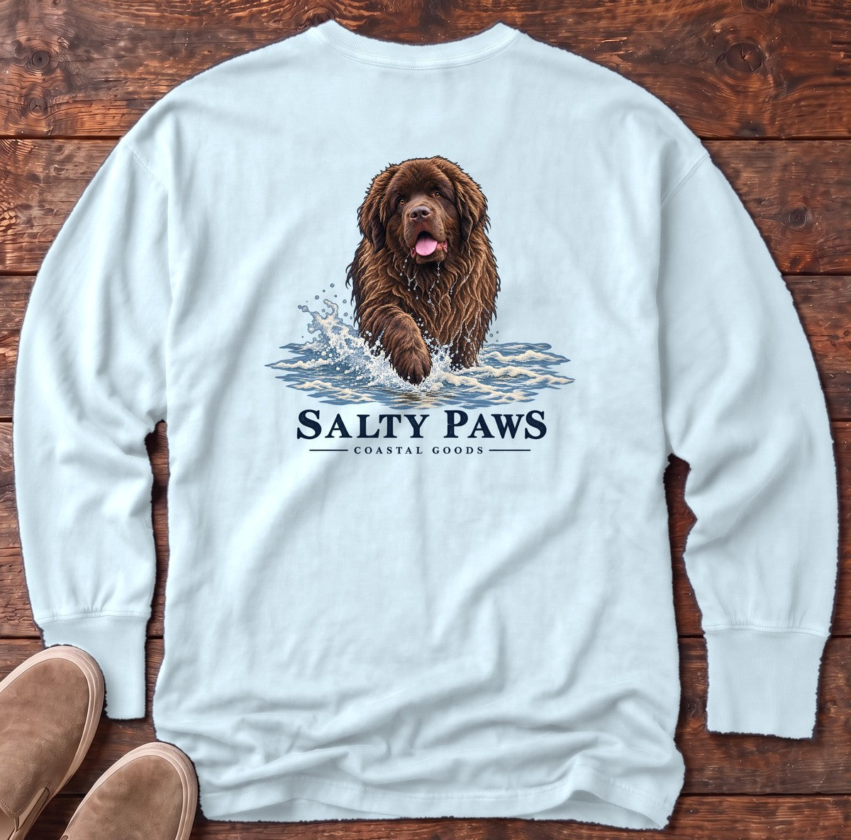 Brown Newfoundland Surf Back Design Long Sleeve Tee in Chambray, Salty Paws Comfort Colors Long Sleeve Tee, back design flat lay