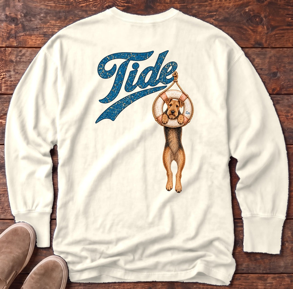 Tide Airedale Back Design Long Sleeve Tee in Ivory, Salty Paws Comfort Colors long sleeve tee