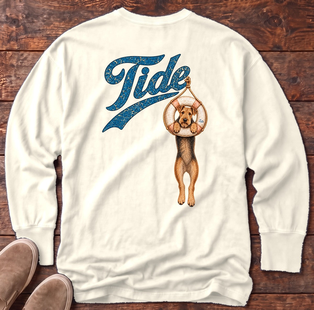 Tide Airedale Back Design Long Sleeve Tee in Ivory, Salty Paws Comfort Colors long sleeve tee