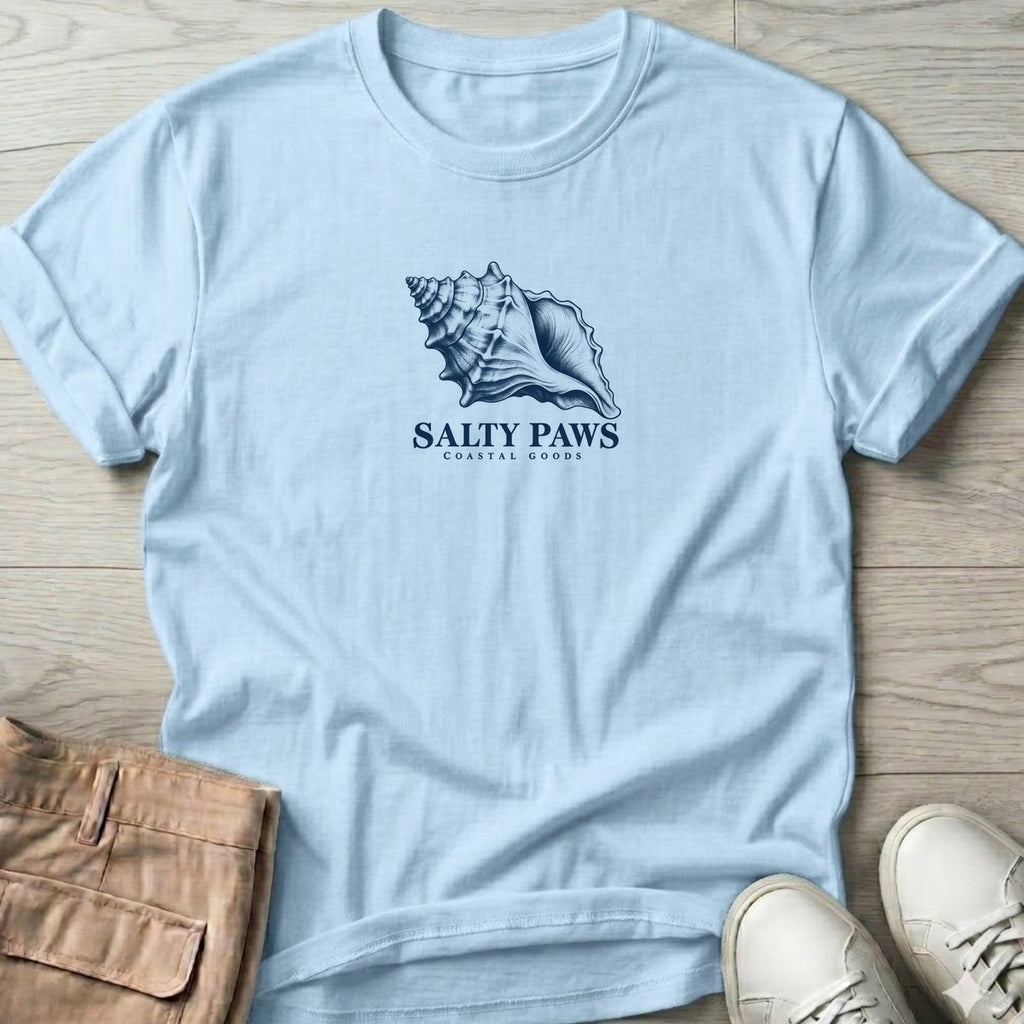 Conch Shell T-Shirt in Light Blue, Salty Paws T-Shirt, front design flat lay